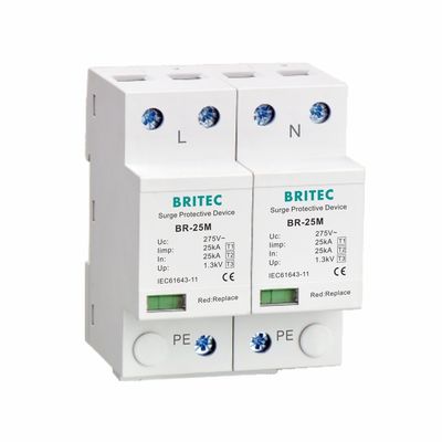 25kA टाइप 1 सर्ज प्रोटेक्टर 275V 1.3kV T1 10/350us 2P सिंगल फेज