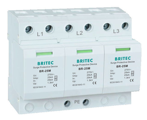 BRITEC BR-25M T1+T2 B+C 3P DIN रेल 35mm Spd T1 वैरिस्टोर ओवरज स्ट्रेसर प्रकार1 3p ओवरज प्रोटेक्टर