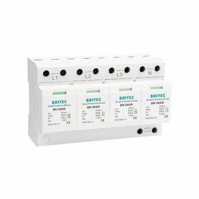 BRITEC BR-50GR 3P+1 प्रकार 1 50kA क्षमता और प्लग करने योग्य संरचना के साथ अधिभार सुरक्षा उपकरण