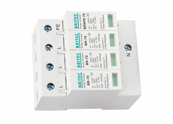 AC सुरक्षा के लिए 385V 70kA प्लग करने योग्य टाइप 2 सर्ज प्रोटेक्शन डिवाइस लाइटनिंग अरेस्टर